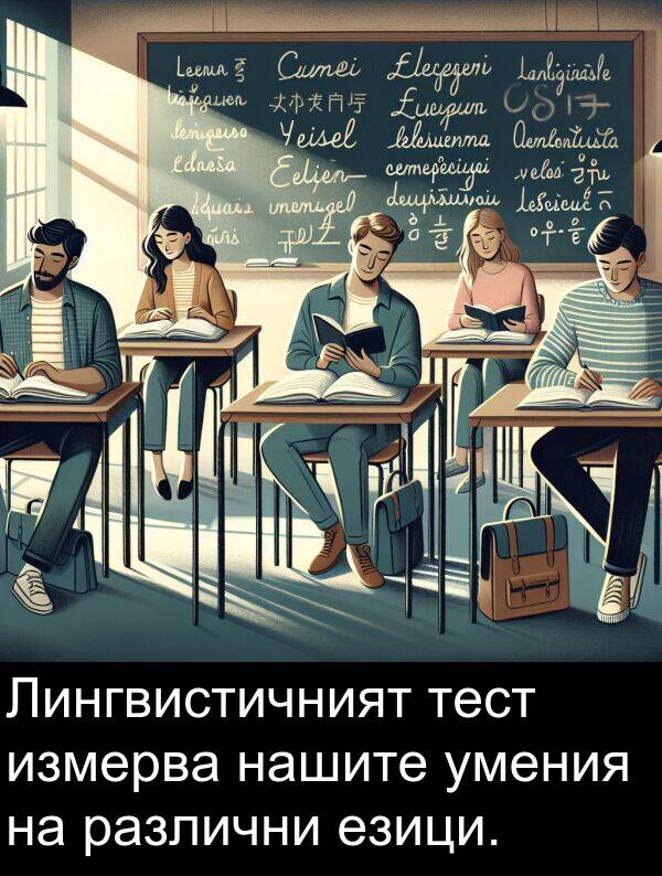 езици: Лингвистичният тест измерва нашите умения на различни езици.