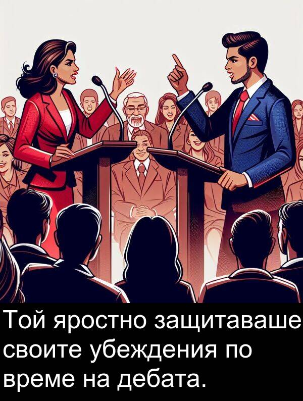 убеждения: Той яростно защитаваше своите убеждения по време на дебата.