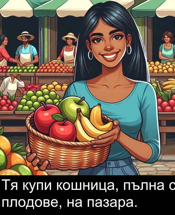 пазара: Тя купи кошница, пълна с плодове, на пазара.