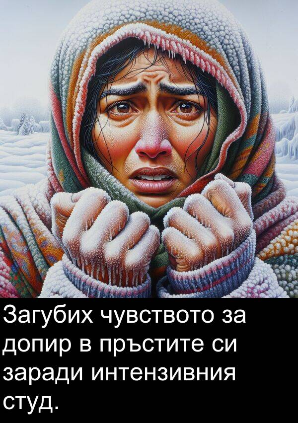 заради: Загубих чувството за допир в пръстите си заради интензивния студ.