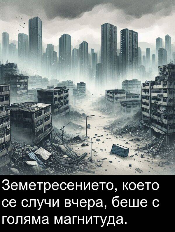 магнитуда: Земетресението, което се случи вчера, беше с голяма магнитуда.