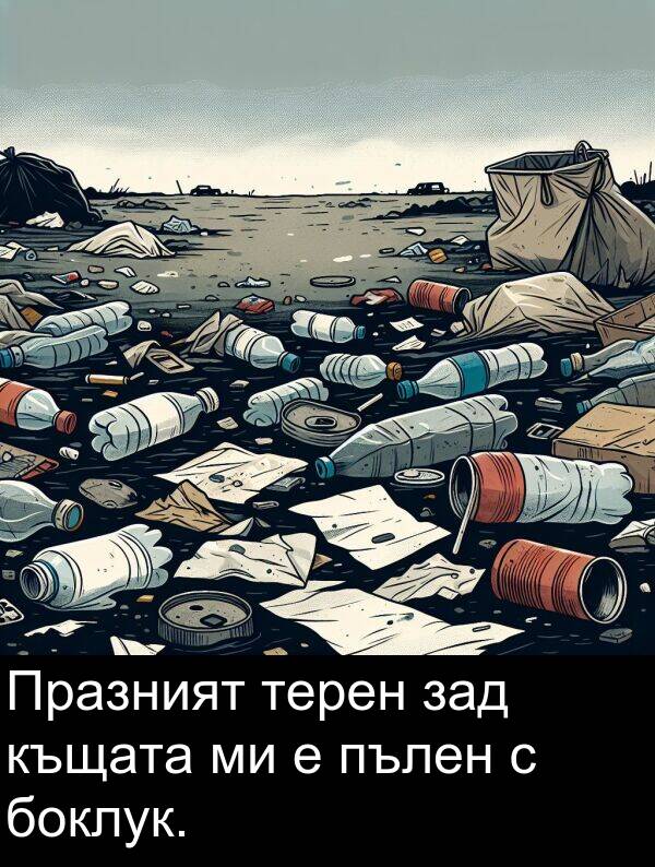 пълен: Празният терен зад къщата ми е пълен с боклук.