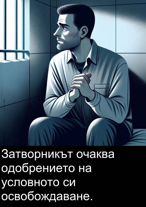 одобрението: Затворникът очаква одобрението на условното си освобождаване.