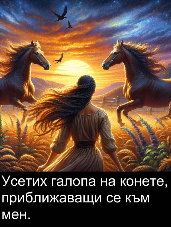 галопа: Усетих галопа на конете, приближаващи се към мен.