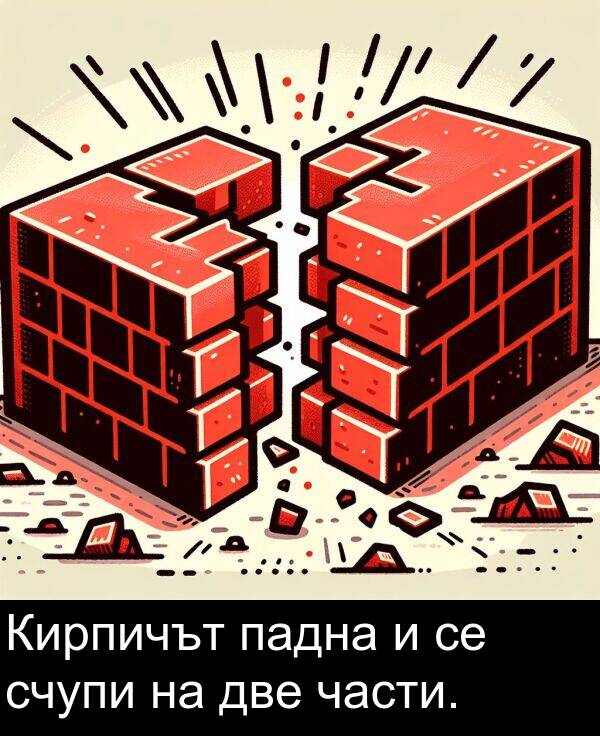 две: Кирпичът падна и се счупи на две части.