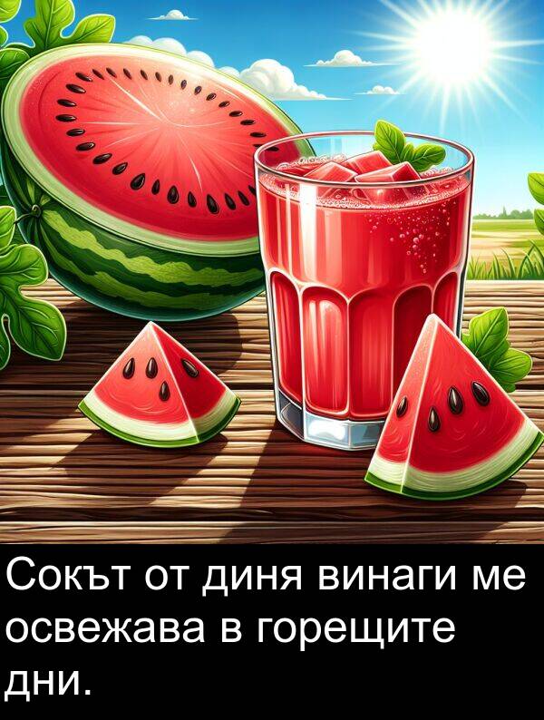освежава: Сокът от диня винаги ме освежава в горещите дни.