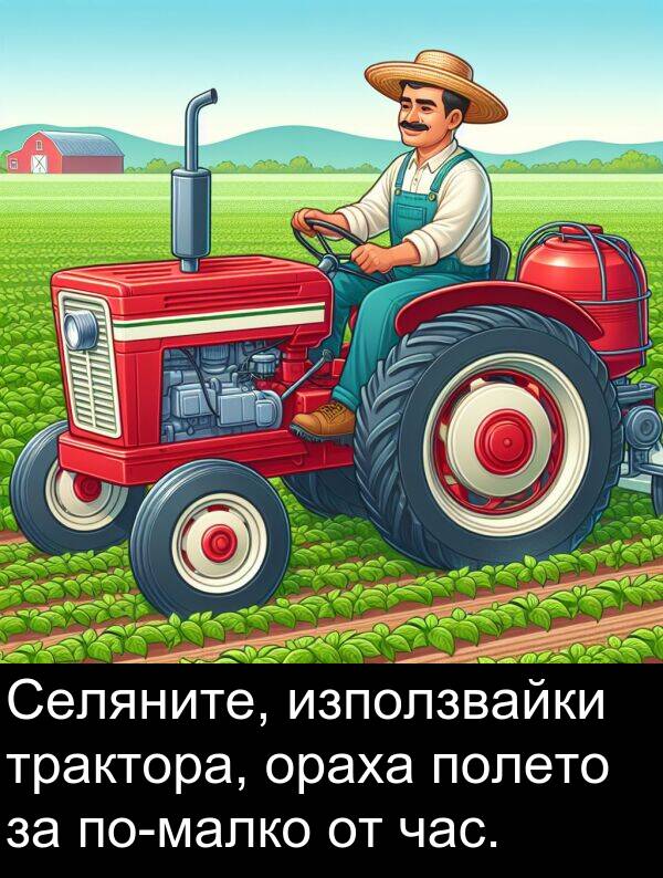 час: Селяните, използвайки трактора, ораха полето за по-малко от час.