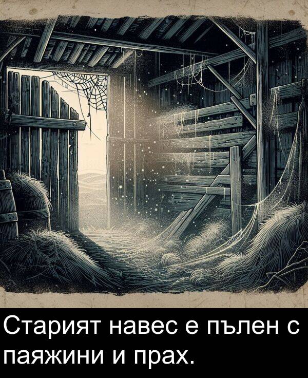 навес: Старият навес е пълен с паяжини и прах.