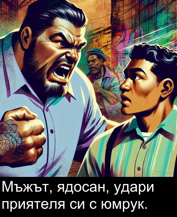 удари: Мъжът, ядосан, удари приятеля си с юмрук.