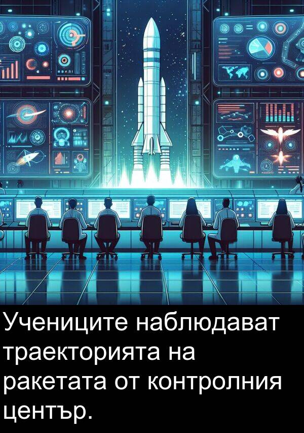 наблюдават: Учениците наблюдават траекторията на ракетата от контролния център.