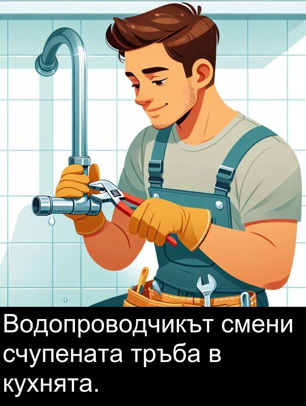 смени: Водопроводчикът смени счупената тръба в кухнята.
