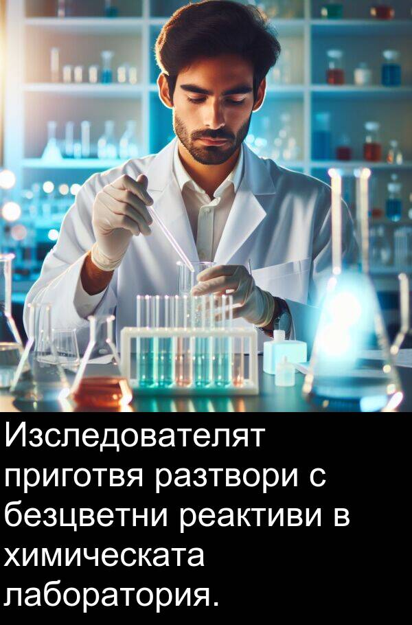 лаборатория: Изследователят приготвя разтвори с безцветни реактиви в химическата лаборатория.