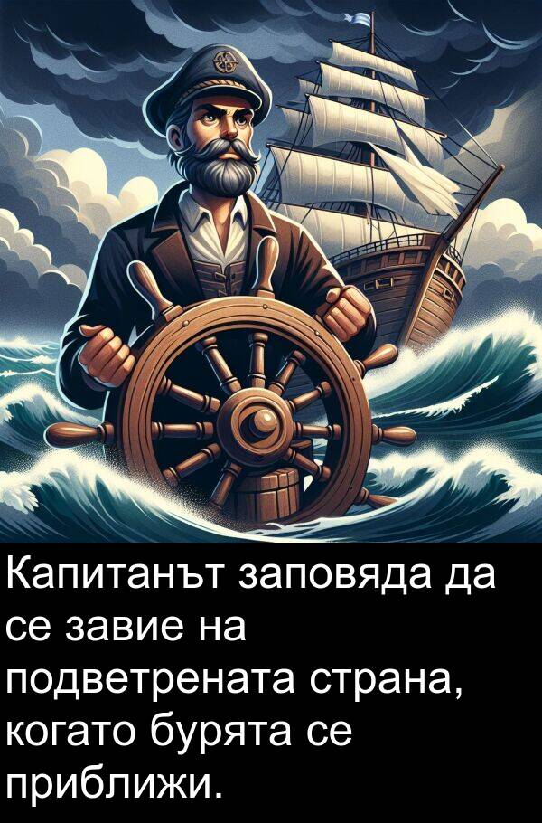 завие: Капитанът заповяда да се завие на подветрената страна, когато бурята се приближи.