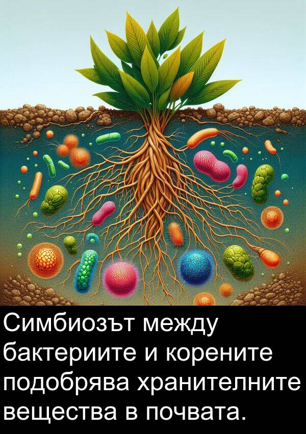 бактериите: Симбиозът между бактериите и корените подобрява хранителните вещества в почвата.