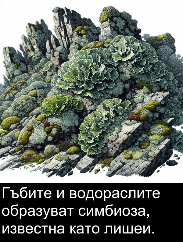 образуват: Гъбите и водораслите образуват симбиоза, известна като лишеи.