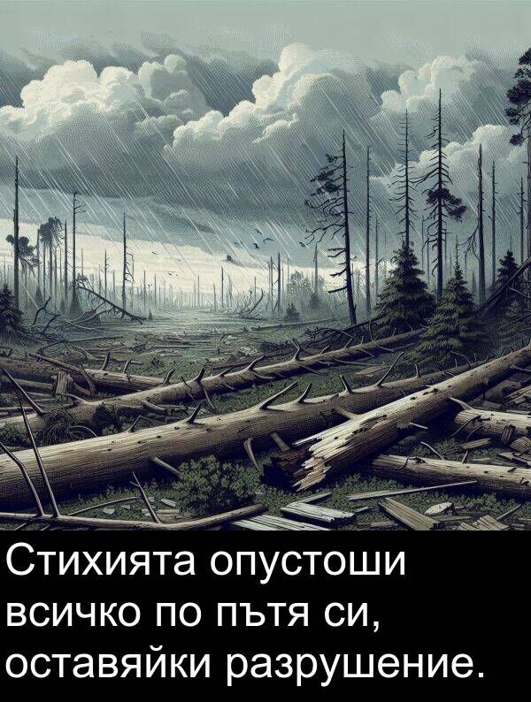 оставяйки: Стихията опустоши всичко по пътя си, оставяйки разрушение.