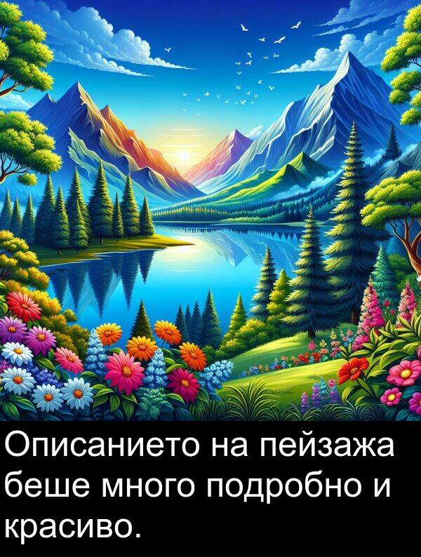 подробно: Описанието на пейзажа беше много подробно и красиво.