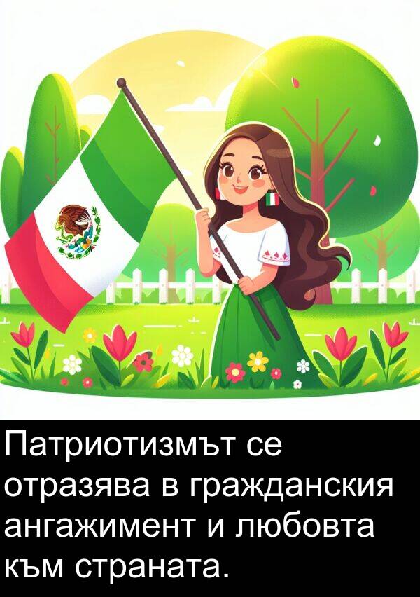 страната: Патриотизмът се отразява в гражданския ангажимент и любовта към страната.