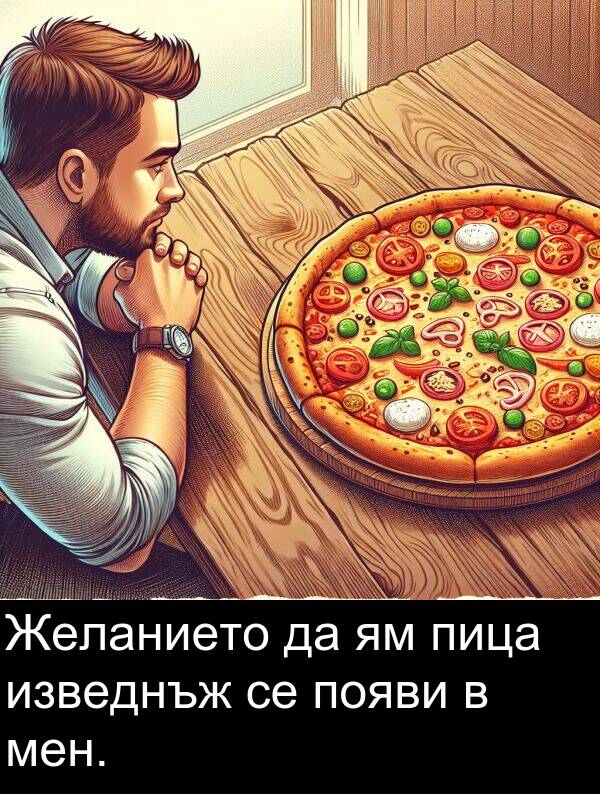 изведнъж: Желанието да ям пица изведнъж се появи в мен.