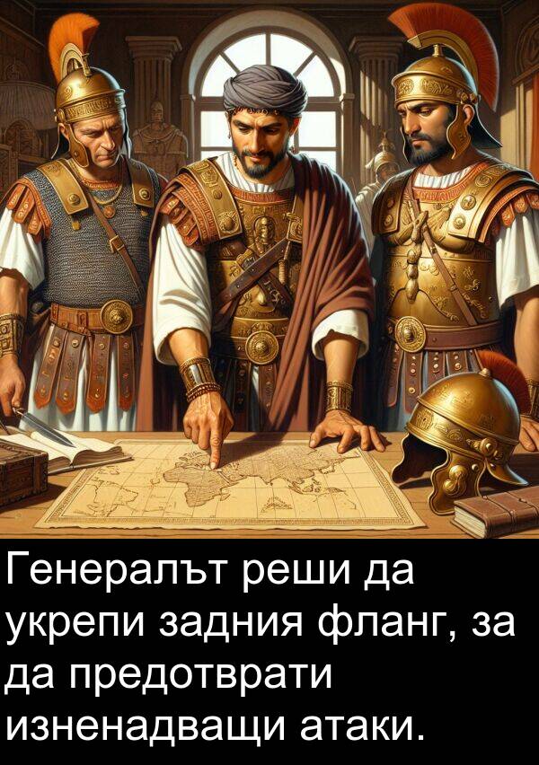 предотврати: Генералът реши да укрепи задния фланг, за да предотврати изненадващи атаки.