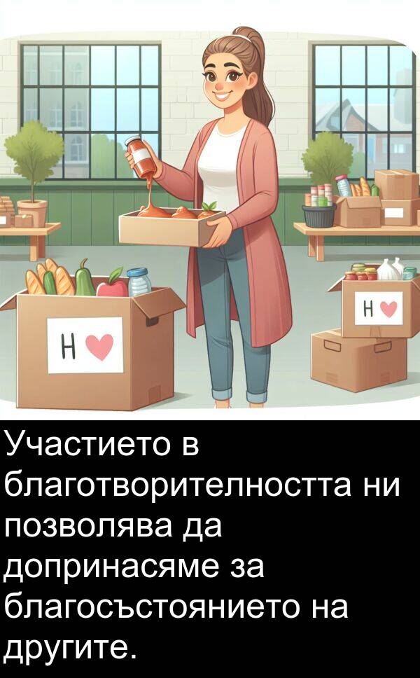 благотворителността: Участието в благотворителността ни позволява да допринасяме за благосъстоянието на другите.