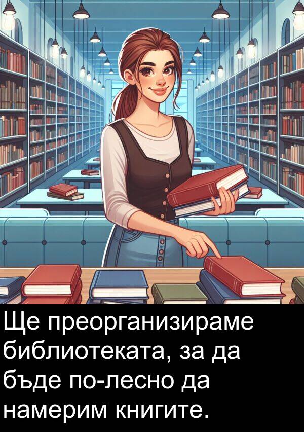 бъде: Ще преорганизираме библиотеката, за да бъде по-лесно да намерим книгите.