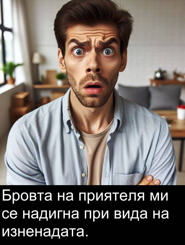 надигна: Бровта на приятеля ми се надигна при вида на изненадата.