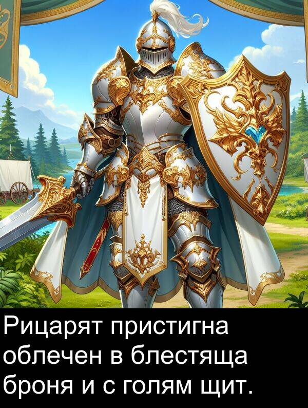 пристигна: Рицарят пристигна облечен в блестяща броня и с голям щит.