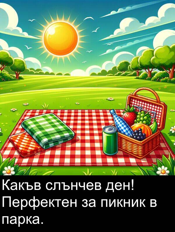 слънчев: Какъв слънчев ден! Перфектен за пикник в парка.