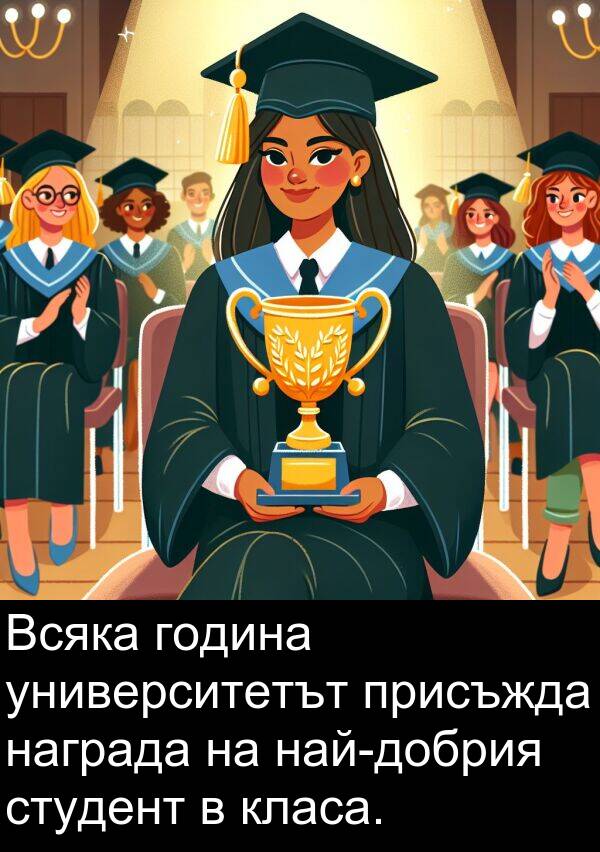 награда: Всяка година университетът присъжда награда на най-добрия студент в класа.