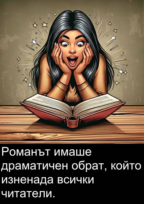 читатели: Романът имаше драматичен обрат, който изненада всички читатели.