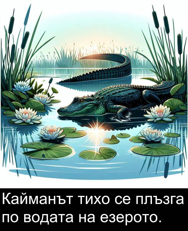 езерото: Кайманът тихо се плъзга по водата на езерото.