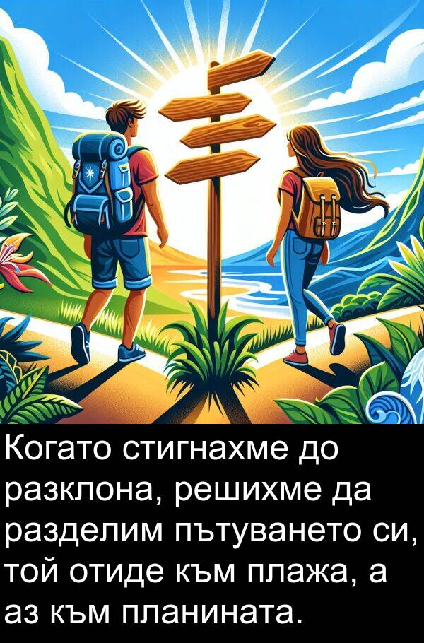 разклона: Когато стигнахме до разклона, решихме да разделим пътуването си, той отиде към плажа, а аз към планината.
