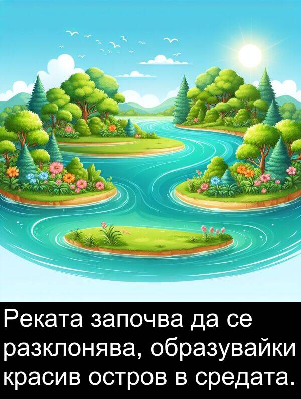 разклонява: Реката започва да се разклонява, образувайки красив остров в средата.