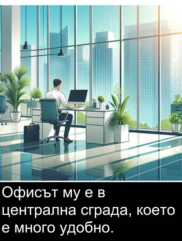 сграда: Офисът му е в централна сграда, което е много удобно.