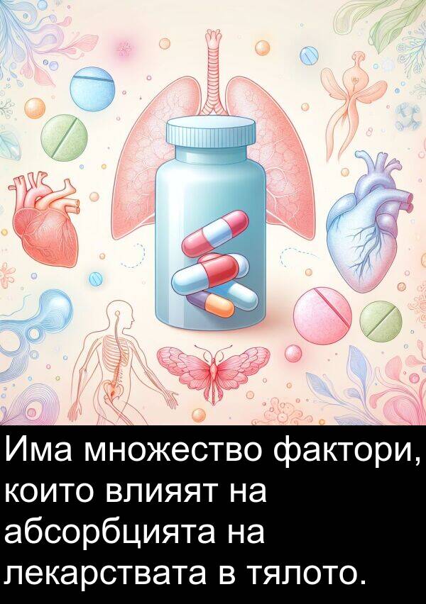 абсорбцията: Има множество фактори, които влияят на абсорбцията на лекарствата в тялото.