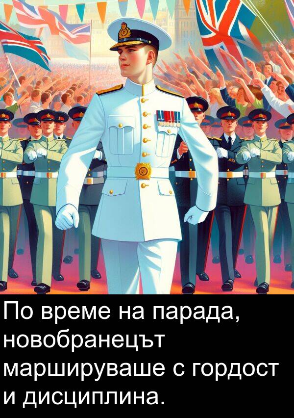 парада: По време на парада, новобранецът маршируваше с гордост и дисциплина.