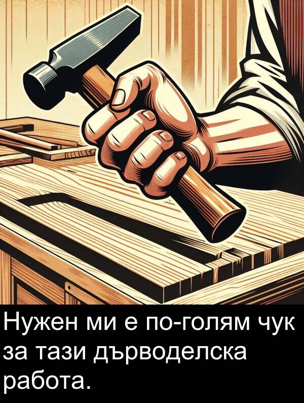 работа: Нужен ми е по-голям чук за тази дърводелска работа.