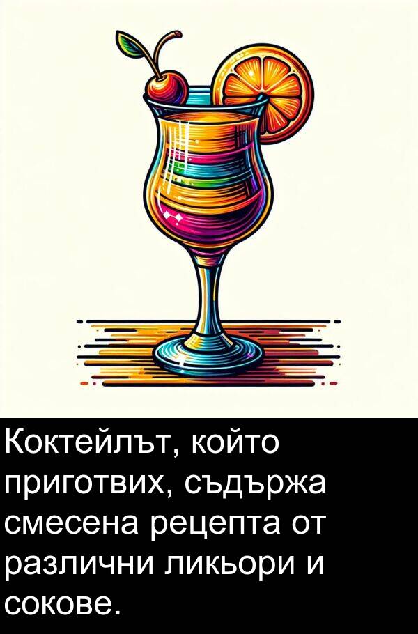 съдържа: Коктейлът, който приготвих, съдържа смесена рецепта от различни ликьори и сокове.