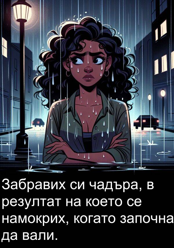 чадъра: Забравих си чадъра, в резултат на което се намокрих, когато започна да вали.