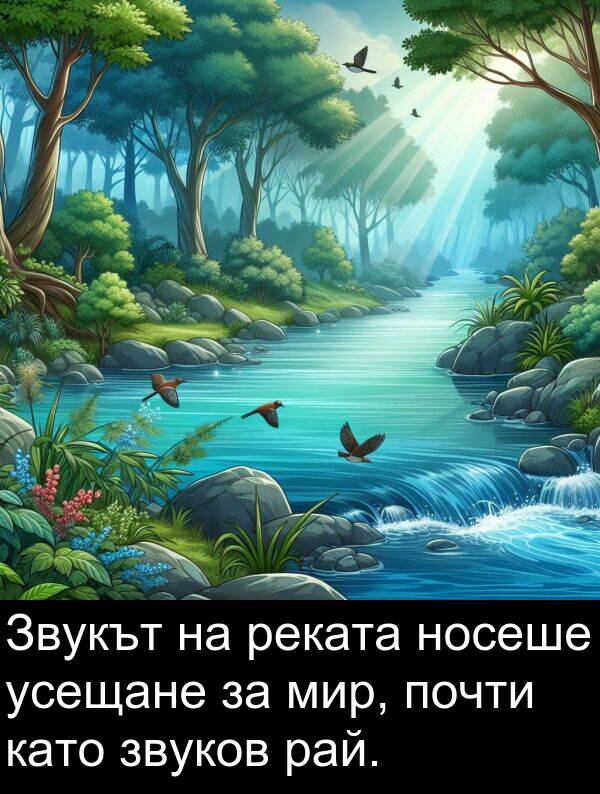 звуков: Звукът на реката носеше усещане за мир, почти като звуков рай.