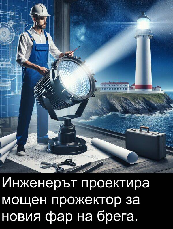 брега: Инженерът проектира мощен прожектор за новия фар на брега.