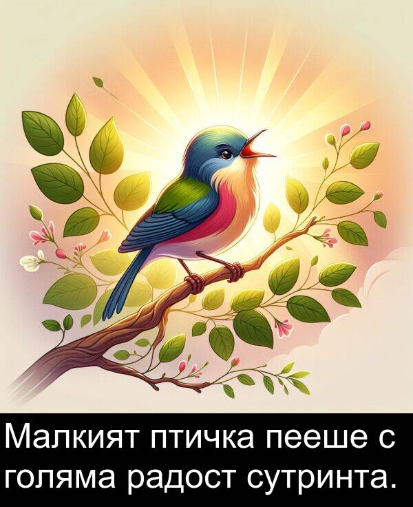 радост: Малкият птичка пееше с голяма радост сутринта.
