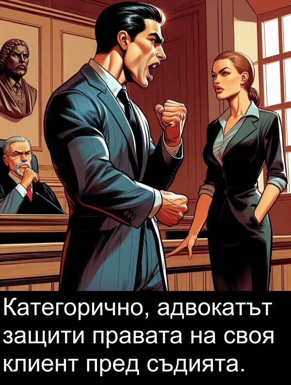 адвокатът: Категорично, адвокатът защити правата на своя клиент пред съдията.