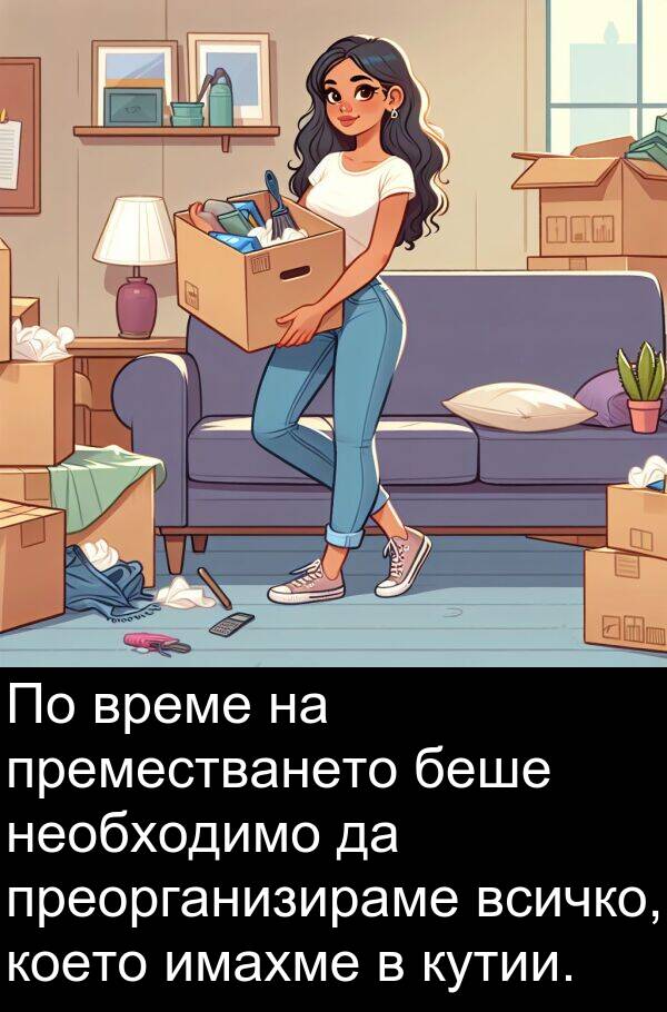 имахме: По време на преместването беше необходимо да преорганизираме всичко, което имахме в кутии.