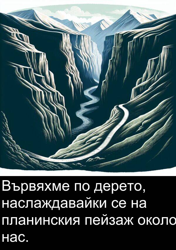 нас: Вървяхме по дерето, наслаждавайки се на планинския пейзаж около нас.