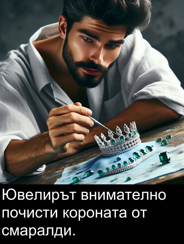 внимателно: Ювелирът внимателно почисти короната от смаралди.