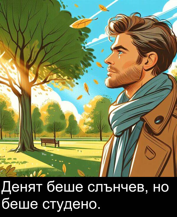 студено: Денят беше слънчев, но беше студено.