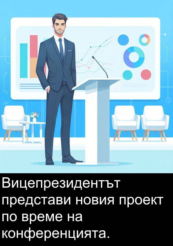 представи: Вицепрезидентът представи новия проект по време на конференцията.
