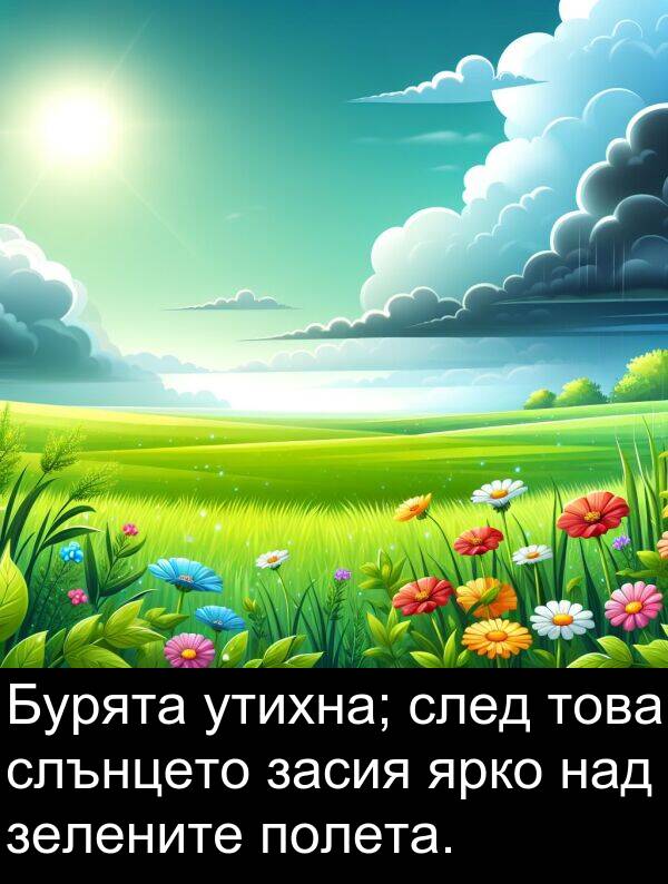 ярко: Бурята утихна; след това слънцето засия ярко над зелените полета.